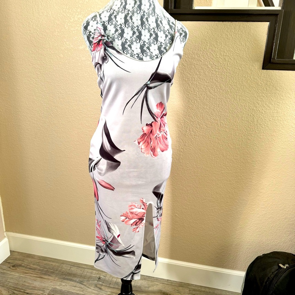 Missguided Grey Floral Tropical Midi Dress with Slit NWT